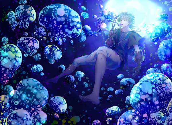 Anime picture 2000x1462 with original izayoi04 single long hair highres red eyes silver hair barefoot blue background underwater weightlessness mechanical blowing boy water bubble (bubbles)