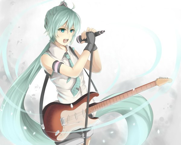 Anime picture 2000x1600 with vocaloid hatsune miku single highres open mouth ponytail very long hair aqua eyes aqua hair singing girl petals necktie shorts fingerless gloves microphone guitar microphone stand bass guitar chemise