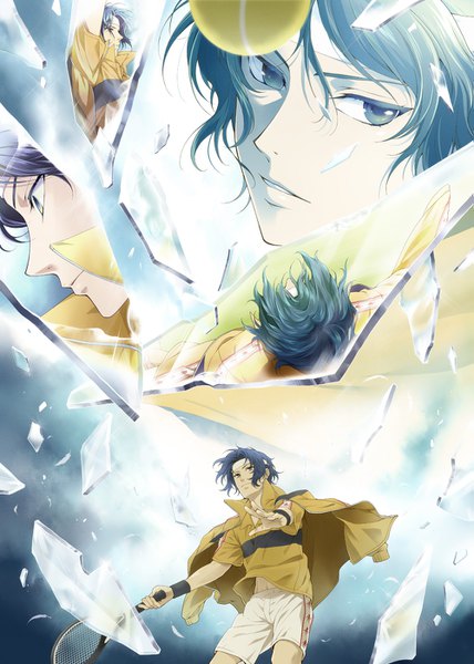Anime picture 999x1400 with prince of tennis yukimura seiichi chikariya single tall image short hair blue hair parted lips profile black eyes reflection clothes on shoulders broken glass boy uniform hairband gym uniform wristlet tennis uniform tennis racket