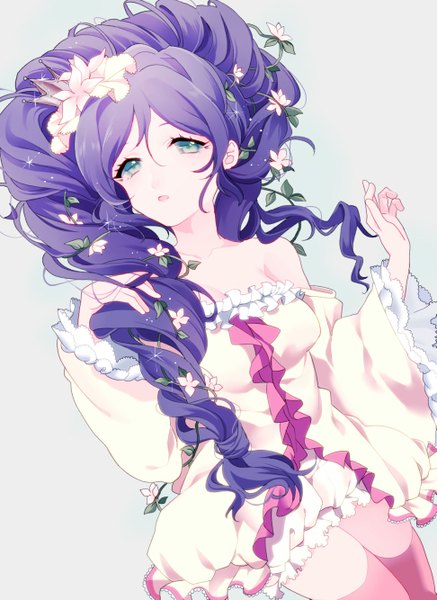 Anime picture 971x1333 with love live! school idol project sunrise (studio) love live! toujou nozomi mihatarou single long hair tall image looking at viewer open mouth simple background bare shoulders green eyes purple hair hair flower grey background drill hair girl flower (flowers) detached sleeves