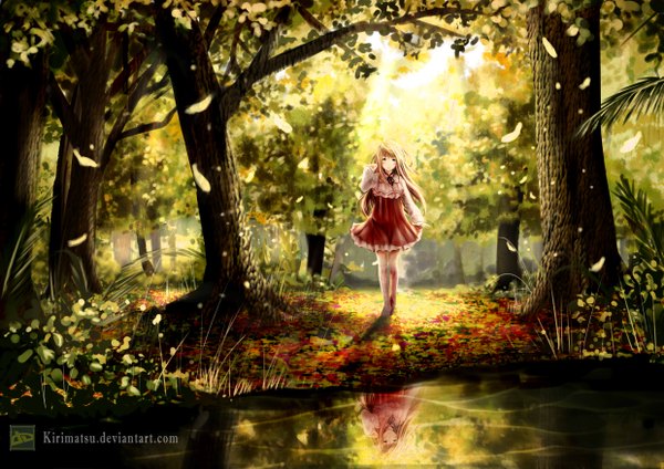 Anime picture 4960x3507 with original kirimatsu single long hair looking at viewer highres blonde hair smile green eyes signed yellow eyes absurdres sunlight reflection walking multicolored eyes autumn girl thighhighs dress