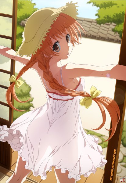 Anime picture 2500x3626 with original hisashi (nekoman) skycreed single long hair tall image highres open mouth light erotic brown eyes braid (braids) looking back wind sunlight orange hair :o armpit (armpits) twin braids coloring spread arms