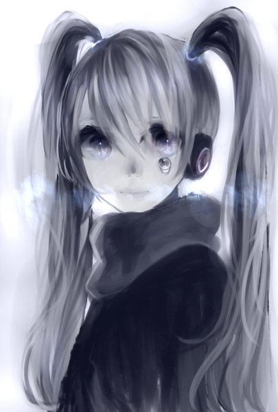 Anime picture 1181x1748 with vocaloid hatsune miku totsu hon (artist) single long hair tall image twintails lips tears monochrome girl headphones scarf