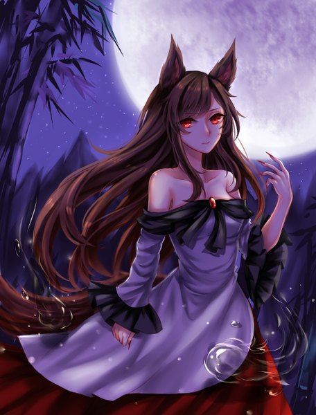 Anime picture 1900x2500 with touhou imaizumi kagerou sheya single long hair tall image looking at viewer fringe highres red eyes brown hair bare shoulders animal ears payot tail parted lips animal tail arm up fingernails blurry