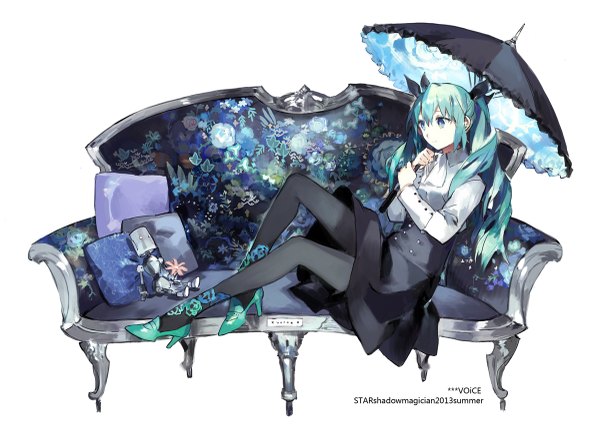 Anime picture 1200x881 with vocaloid voice (vocaloid) hatsune miku star shadow magician single long hair blush simple background white background sitting twintails looking away profile aqua eyes aqua hair inscription sky print girl skirt hair ornament