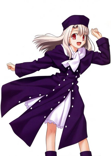 Anime picture 700x980 with fate (series) fate/stay night fate/kaleid liner prisma illya illyasviel von einzbern takeuchi takashi single long hair tall image looking at viewer fringe open mouth simple background red eyes standing white background white hair :d happy girl scarf
