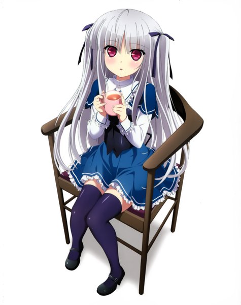 Anime picture 3178x4013 with absolute duo 8bit yurie sigtuna single long hair tall image looking at viewer blush highres simple background white background absurdres white hair pink eyes scan two side up zettai ryouiki girl thighhighs dress