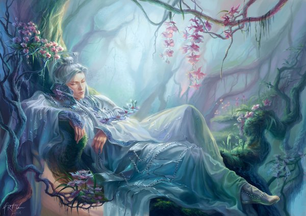 Anime picture 1413x1000 with hrfleur single long hair blue hair lying eyes closed traditional clothes realistic boy hair ornament flower (flowers) plant (plants) tree (trees) branch