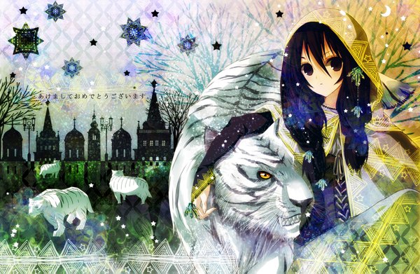 Anime picture 1630x1063 with tagme (artist) brown hair brown eyes yellow eyes new year happy new year akeome girl animal hood tiger white tiger