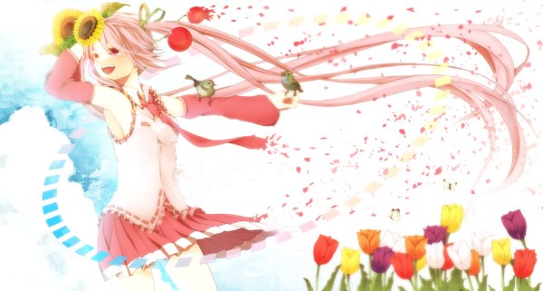 Anime picture 1939x1039 with vocaloid hatsune miku sakura miku ao haruki long hair highres open mouth wide image twintails pink hair pink eyes hair flower girl skirt hair ornament flower (flowers) ribbon (ribbons) hair ribbon detached sleeves animal