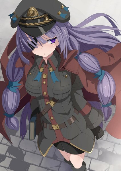 Anime picture 765x1080 with touhou patchouli knowledge sukage single long hair tall image purple eyes purple hair braid (braids) girl gloves uniform book (books) eyepatch military uniform peaked cap