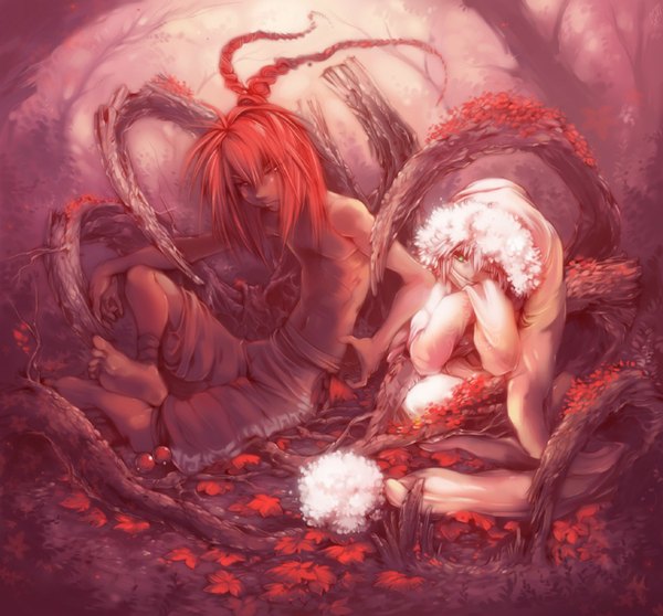 Anime picture 1181x1100 with shirotsuki long hair short hair smile red eyes sitting bare shoulders green eyes white hair red hair braid (braids) one eye closed barefoot wink twin braids topless sad boy navel plant (plants)