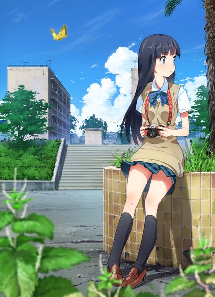 Anime picture 1000x1380 with original domo1220 single long hair tall image blush blue eyes black hair sitting holding looking away sky cloud (clouds) full body outdoors pleated skirt wind short sleeves upskirt skirt flip