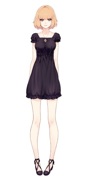 Anime picture 516x1000 with original yuranpo single tall image looking at viewer fringe short hair blue eyes simple background blonde hair standing white background full body blunt bangs short sleeves puffy sleeves girl dress black dress pendant