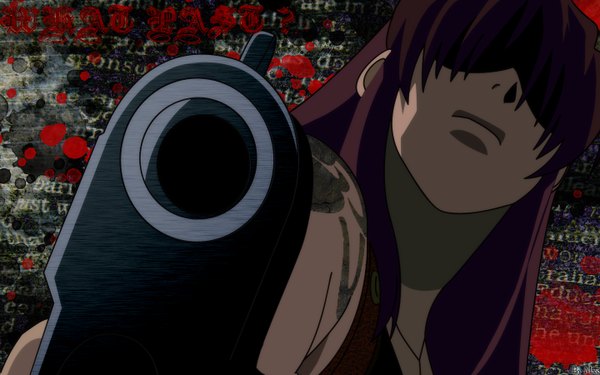 Anime picture 1440x900 with black lagoon madhouse revy (black lagoon) single long hair wide image purple hair tattoo girl weapon gun pistol