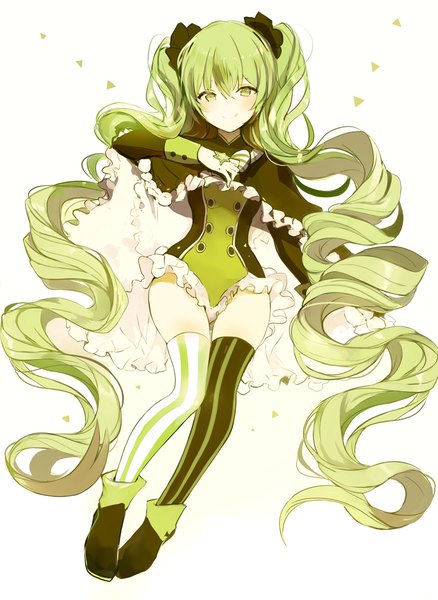 Anime picture 724x991 with vocaloid hatsune miku lpip single tall image blush fringe simple background smile hair between eyes white background twintails green eyes full body very long hair arm up green hair wavy hair :q different thighhighs