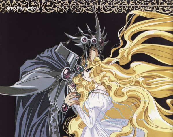 Anime picture 2000x1584 with magic knight rayearth clamp emeraude zagato long hair highres short hair black hair blonde hair simple background green eyes eyes closed very long hair aqua eyes couple hug holding hands black background girl dress