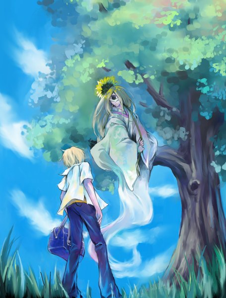 Anime picture 1200x1580 with natsume yuujinchou brains base (studio) natsume takashi hotaru (natsume yuujinchou) alulu long hair tall image short hair blonde hair standing sky cloud (clouds) traditional clothes from behind from below couple back ghost girl boy