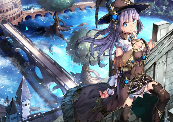 Anime picture 1842x1302 with original saraki single long hair fringe highres breasts blue eyes smile large breasts looking away cleavage purple hair blunt bangs braid (braids) from above wind twin braids girl thighhighs