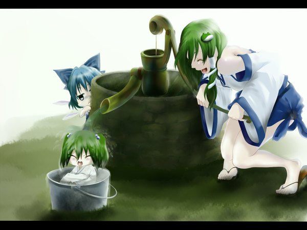 Anime picture 1600x1200 with touhou kochiya sanae cirno kisume poker-face-008 highres multiple girls blue hair green hair letterboxed in container girl in bucket girl water 3 girls bucket well