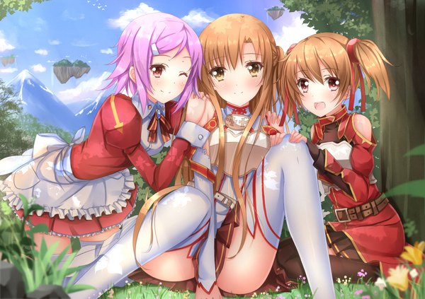 Anime picture 1601x1131 with sword art online a-1 pictures yuuki asuna silica lisbeth keiko ayano swordsouls long hair blush short hair open mouth red eyes brown hair twintails multiple girls brown eyes pink hair one eye closed wink short twintails