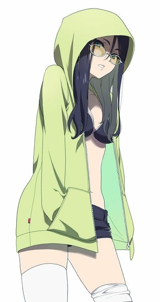 Anime picture 476x900 with original mattaku mousuke single long hair tall image looking at viewer fringe light erotic black hair simple background standing white background green eyes parted lips open clothes bare belly hands in pockets girl thighhighs white thighhighs