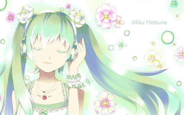 Anime picture 1400x875 with vocaloid hatsune miku akafuji single long hair wide image twintails eyes closed green hair girl flower (flowers) frills headphones pendant sundress