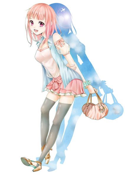 Anime picture 2893x4092 with original hakuda tofu single tall image looking at viewer blush highres short hair open mouth simple background smile white background pink hair sky cloud (clouds) pink eyes sunlight shadow happy hands behind back