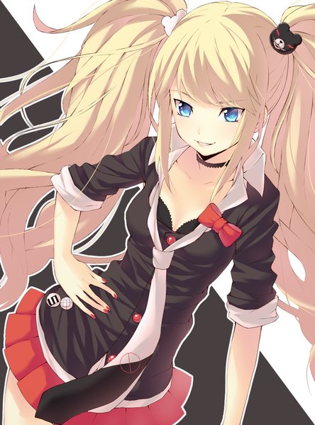 Anime picture 908x1226 with dangan ronpa enoshima junko xayux single long hair tall image blush blue eyes blonde hair twintails nail polish fingernails hand on hip partially open clothes red nail polish twisty sleeves girl skirt uniform hair ornament