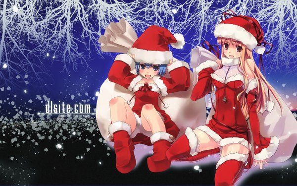 Anime picture 1920x1200 with dlsite.com elle sweet dille blood refeia long hair looking at viewer blush highres short hair blue eyes light erotic blonde hair red eyes wide image multiple girls blue hair wallpaper fur trim christmas girl