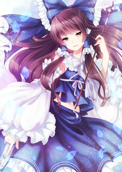 Anime picture 992x1403 with touhou hakurei reimu nunucco single long hair tall image fringe breasts brown hair holding brown eyes traditional clothes light smile alternate color girl skirt navel flower (flowers) bow hair bow