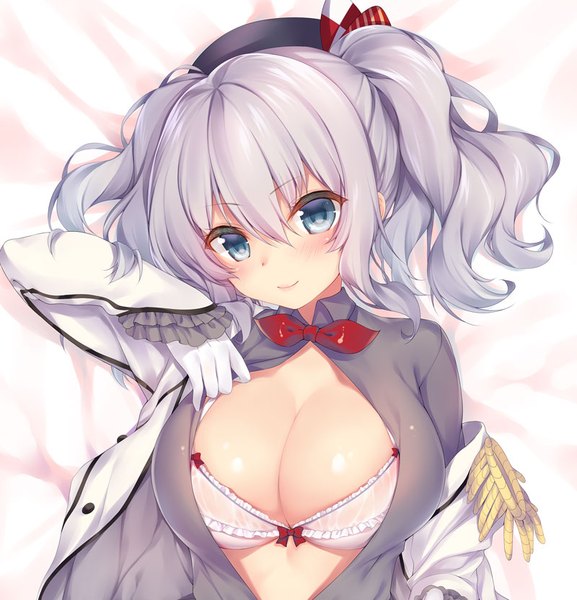 Anime picture 800x831 with kantai collection kashima training cruiser obiwan single long hair tall image looking at viewer blush breasts blue eyes light erotic smile large breasts cleavage silver hair open shirt girl shirt lingerie bra
