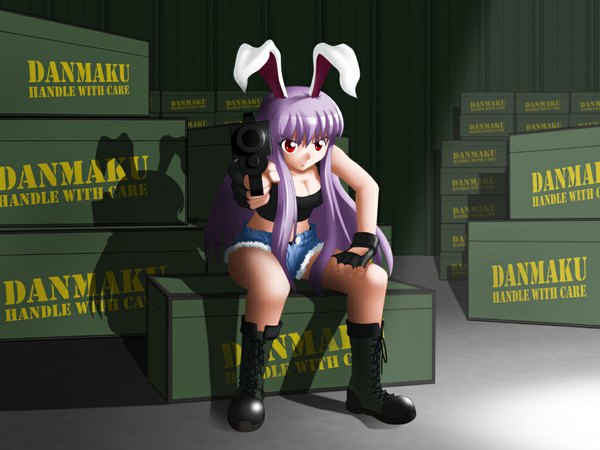 Anime picture 1024x768 with black lagoon touhou madhouse reisen udongein inaba revy (black lagoon) bunny ears bunny girl cosplay parody revy (cosplay) girl gun mugenjohncel
