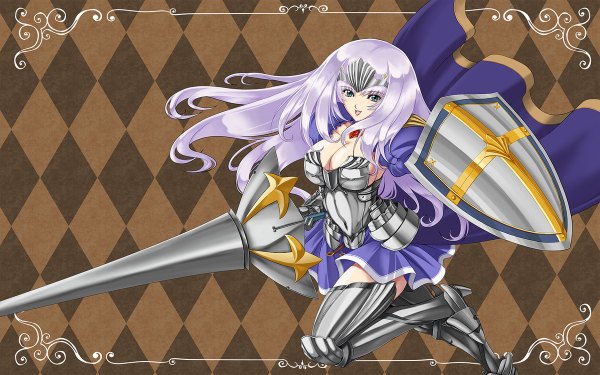 Anime picture 1200x750 with queen's blade annelotte inoino (artist) single long hair wide image green eyes white hair framed rhombus weapon armor helmet spear shield