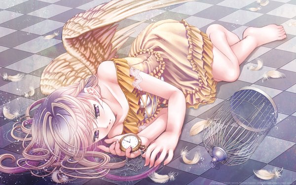 Anime picture 1680x1050 with plastic moon long hair blonde hair wide image purple eyes bare shoulders lying barefoot checkered floor checkered checkered background girl wings feather (feathers) clock pocket watch cage