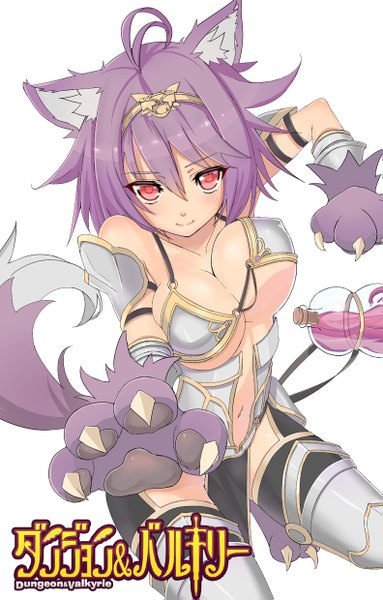 Anime picture 791x1239 with original kagerou (shadowmage) single tall image looking at viewer short hair breasts light erotic smile red eyes white background animal ears purple hair tail animal tail girl navel hair ornament armor