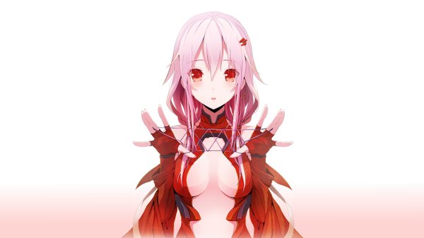 Anime picture 2666x1500 with guilty crown production i.g yuzuriha inori rokumu hitomu (artist) single long hair looking at viewer blush highres breasts open mouth light erotic simple background red eyes wide image pink hair center opening girl gloves fingerless gloves
