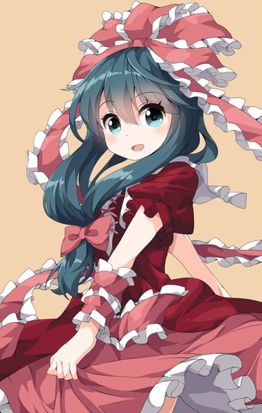 Anime picture 763x1200 with touhou kagiyama hina ruu (tksymkw) single long hair tall image blush fringe open mouth simple background hair between eyes green eyes looking away green hair girl dress bow hair bow frills red dress