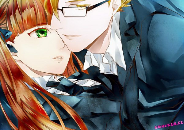 Anime picture 1023x723 with arcana famiglia felicita pace long hair short hair blonde hair brown hair twintails green eyes yellow eyes orange hair couple face face to face girl boy ribbon (ribbons) hair ribbon shirt glasses
