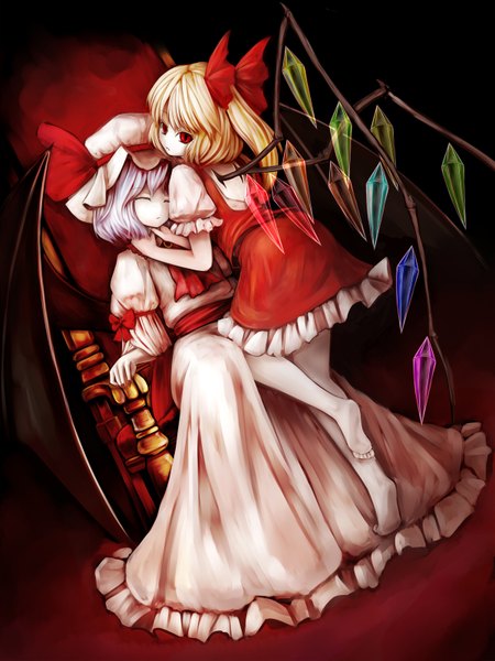 Anime picture 1200x1600 with touhou flandre scarlet remilia scarlet nishi masakazu tall image short hair blonde hair red eyes multiple girls silver hair eyes closed girl dress bow 2 girls hair bow wings bonnet crystal