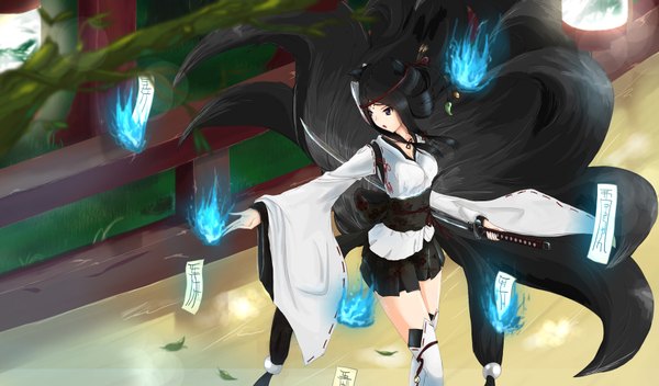 Anime picture 1800x1056 with original kikivi single long hair highres black hair wide image traditional clothes black eyes fox ears fox tail fox girl multiple tails girl weapon sword katana leaf (leaves) ofuda