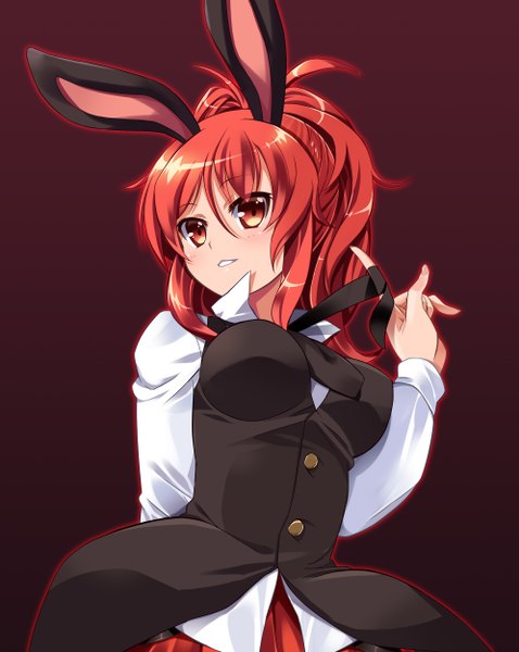 Anime picture 1992x2500 with original chibi (nekomimimi) single long hair tall image looking at viewer blush highres red eyes red hair bunny ears dark background girl suit