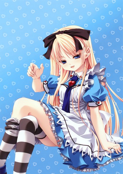 Anime picture 3382x4798 with miyama zero single long hair tall image highres blue eyes simple background blonde hair absurdres crossed legs girl thighhighs dress bow hair bow heart striped thighhighs