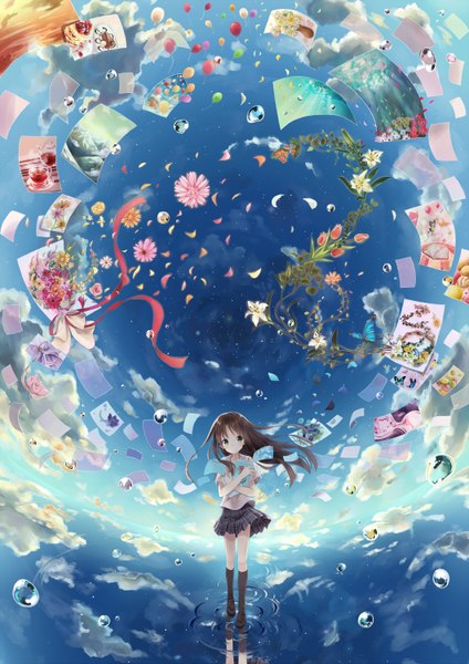 Anime picture 2120x3000 with original nonono (nononotea) single long hair tall image highres brown hair holding green eyes looking away sky cloud (clouds) full body light smile plaid skirt reflection girl skirt flower (flowers) ribbon (ribbons)