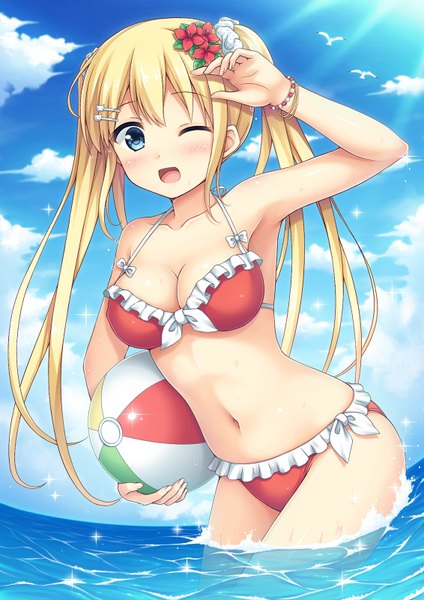 Anime picture 1132x1600 with original nakamura sumikage single long hair tall image blush open mouth blue eyes light erotic blonde hair twintails sky cloud (clouds) one eye closed wink girl navel swimsuit bikini