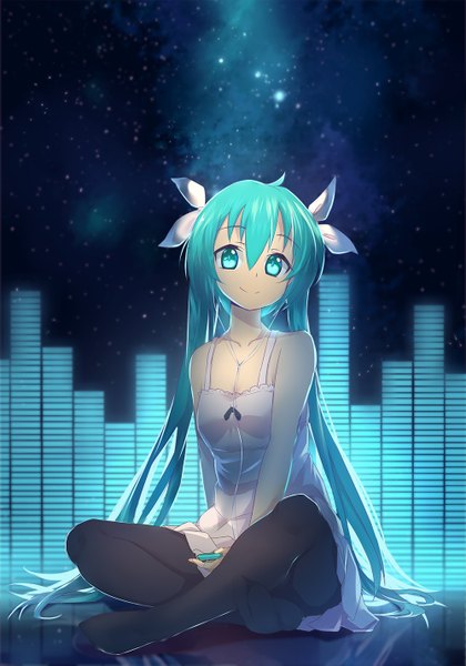 Anime picture 1000x1429 with vocaloid hatsune miku caibao single tall image looking at viewer fringe smile hair between eyes sitting twintails bare shoulders holding full body ahoge very long hair aqua eyes aqua hair no shoes reflection
