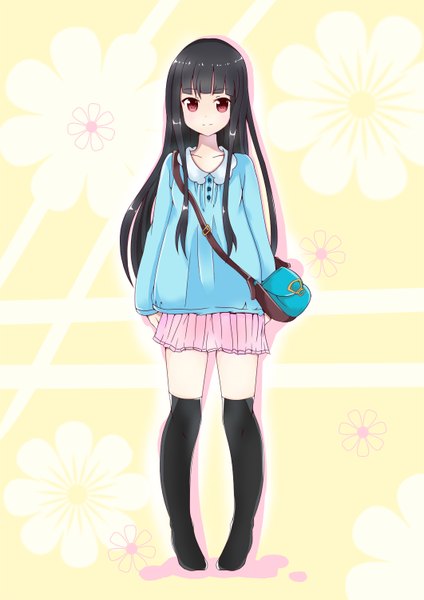 Anime picture 1061x1500 with original otosora single long hair tall image looking at viewer black hair red eyes girl thighhighs skirt black thighhighs miniskirt bag
