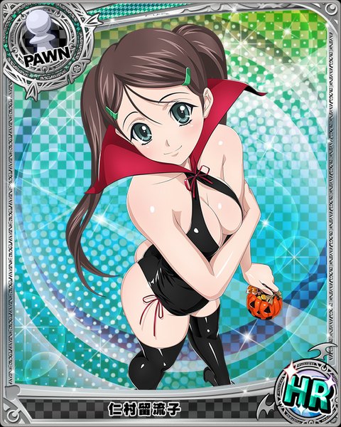 Anime picture 640x800 with highschool dxd nimura ruruko single long hair tall image looking at viewer blue eyes light erotic black hair twintails light smile halloween card (medium) girl thighhighs black thighhighs suit