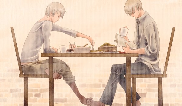 Anime picture 1200x700 with axis powers hetalia studio deen tagme (character) prussia (hetalia) kosokoso (artist) short hair wide image sitting white hair barefoot reading paper texture boy shirt necktie food pants table cup newspaper