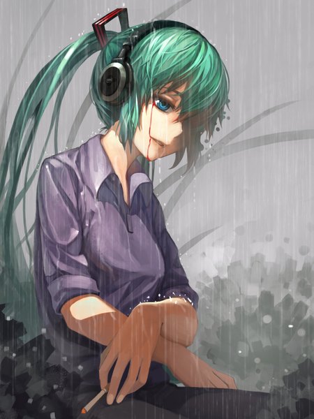Anime picture 2198x2928 with vocaloid hatsune miku lu ying single long hair tall image fringe highres blue eyes sitting twintails hair over one eye aqua hair crossed arms rain twisty sleeves girl shirt headphones blood